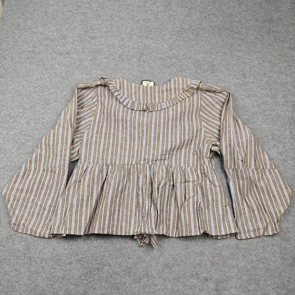 Tuckernuck Blouse Womens XL Brown Stripe Ruffle V Neck Tie Waist Peplum Top - Picture 8 of 11